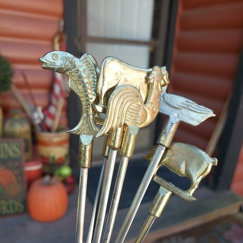 6 Vintage Brass & Stainless Steel Animal Skewers BBQ Shish Kabob Farmhouse
